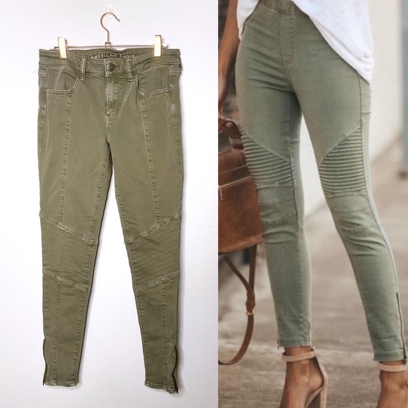 American Eagle Outfitters Denim - AEO LONG Army Green Moto Jegging w Ankle Zip